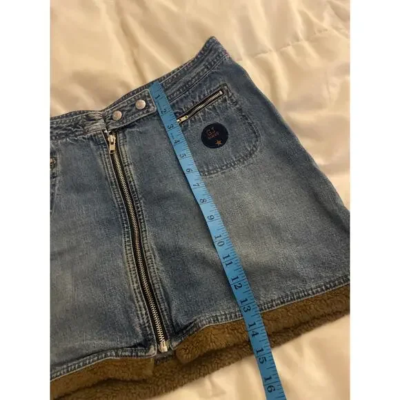Vintage Y2K GUESS Jeans Mini Skirt FUZZY FLEECE Trim Zip Denim Size 29 8 M RAVER - Picture 5 of 8
